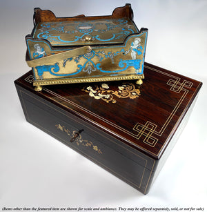 Antique French 11 3/4" x 8" Table Box w Boulle Inlays, Napoleon III Victorian Era, Lock & Key
