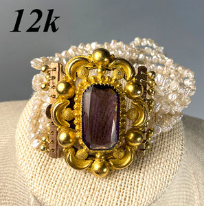 Antique Victorian Era 12k Large Clasp Amethyst and Pearl Bracelet