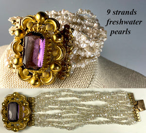 Antique Victorian Era 12k Large Clasp Amethyst and Pearl Bracelet, up to 6 3/4" Wrist