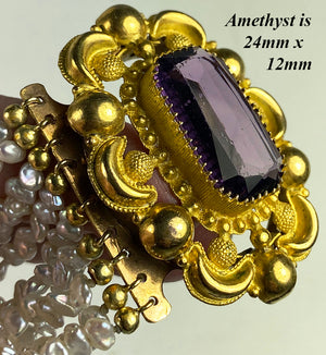 Antique Victorian Era 12k Large Clasp Amethyst and Pearl Bracelet, up to 6 3/4" Wrist