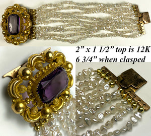 Antique Victorian Era 12k Large Clasp Amethyst and Pearl Bracelet, up to 6 3/4" Wrist