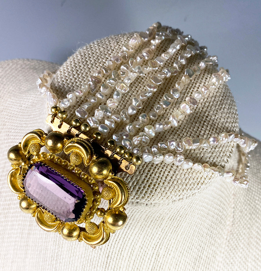 Antique Victorian Era 12k Large Clasp Amethyst and Pearl Bracelet, up to 6 3/4" Wrist