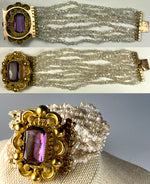 Antique Victorian Era 12k Large Clasp Amethyst and Pearl Bracelet, up to 6 3/4" Wrist