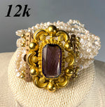 Antique Victorian Era 12k Large Clasp Amethyst and Pearl Bracelet, up to 6 3/4" Wrist