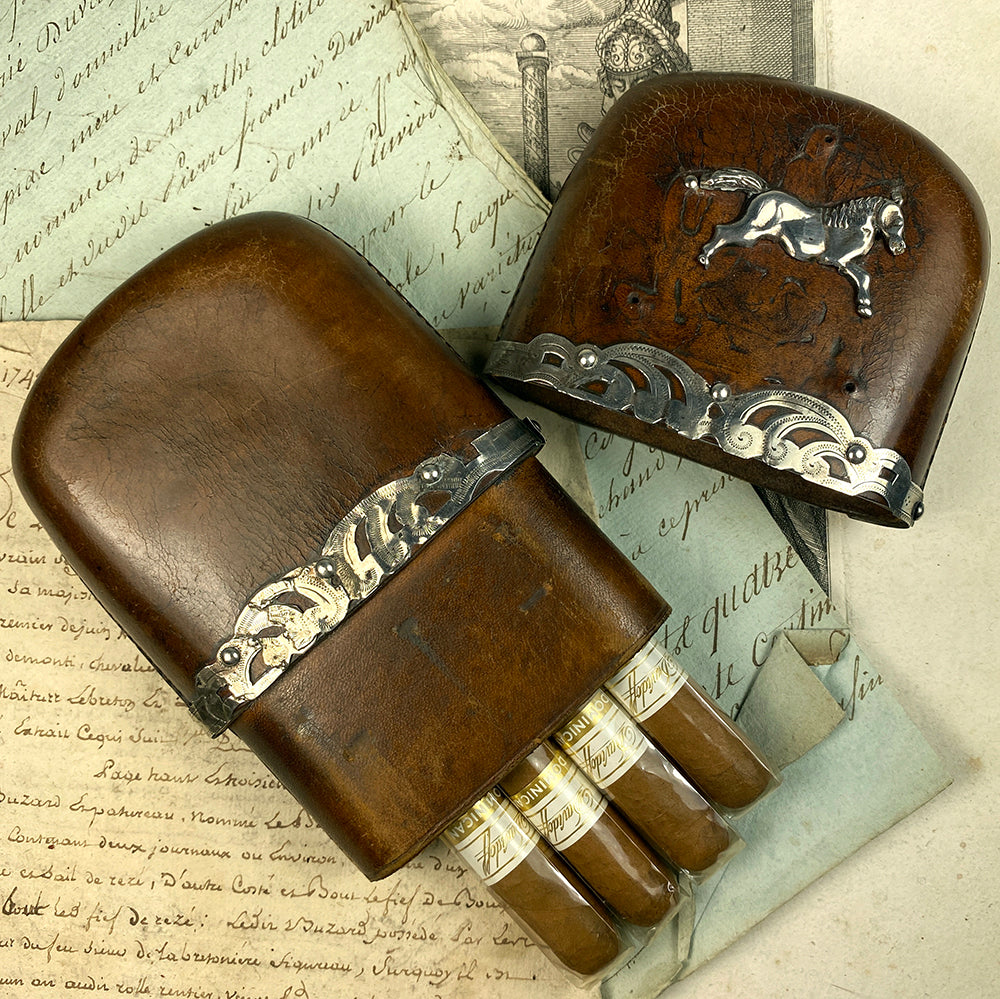 Antique European Saddle Leather Cigar Case or Money Pouch, Wallet, Horse Applique