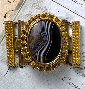 Antique 2.25" Long Bracelet or Necklace Clasp, Banded Agate Set in 18k, 12k and 8k Gold, Cannetille