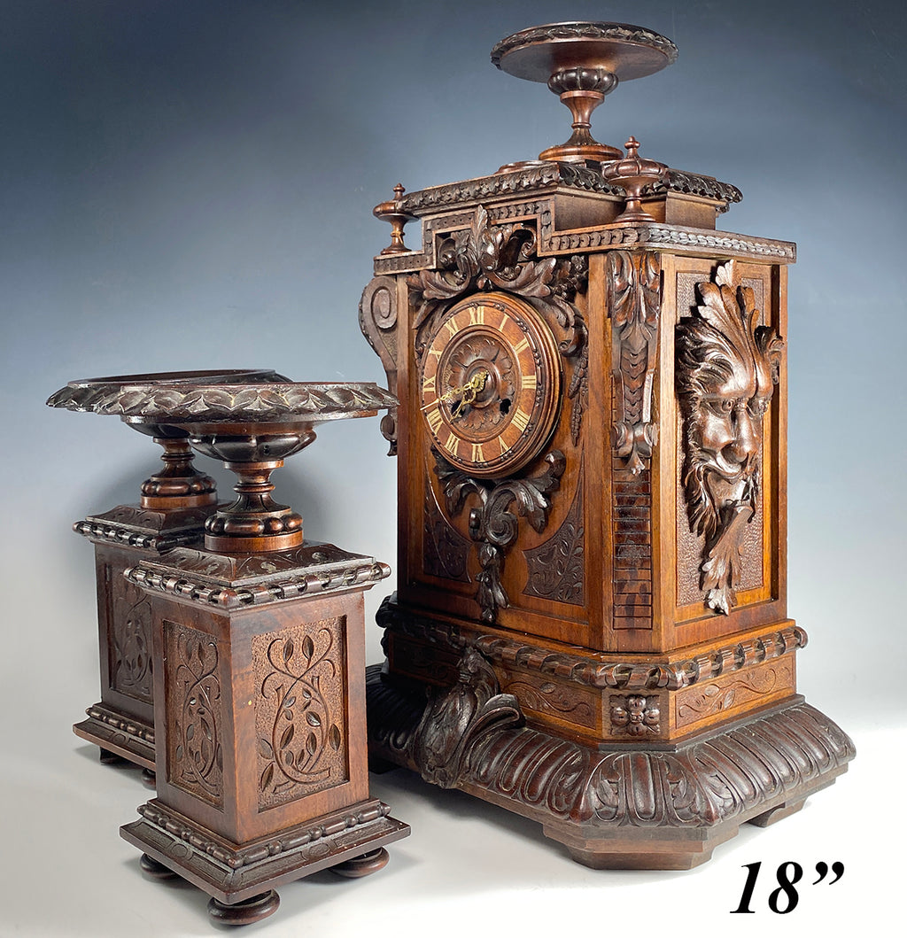 Japy Freres Antique French Hand Carved Mantel Clock, Garnitures Set, Neo-Renaissance, Lions!