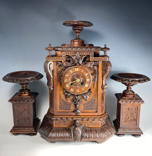 Japy Freres Antique French Hand Carved Mantel Clock, Garnitures Set, Neo-Renaissance, Lions!