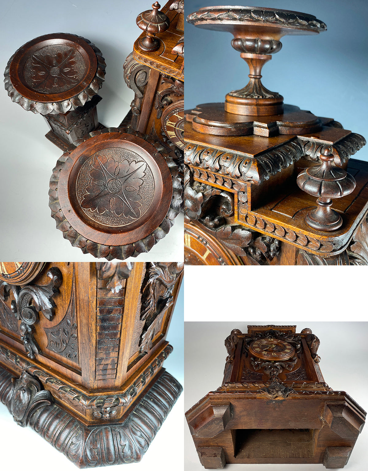 Japy Freres Antique French Hand Carved Mantel Clock, Garnitures Set, Neo-Renaissance, Lions!