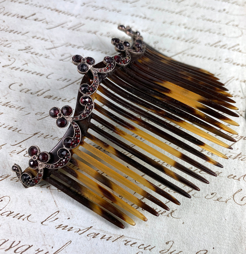 Superb Antique 4" Tortoise Shell, Sterling Silver and Garnet Tiara Ornamental Hair Comb