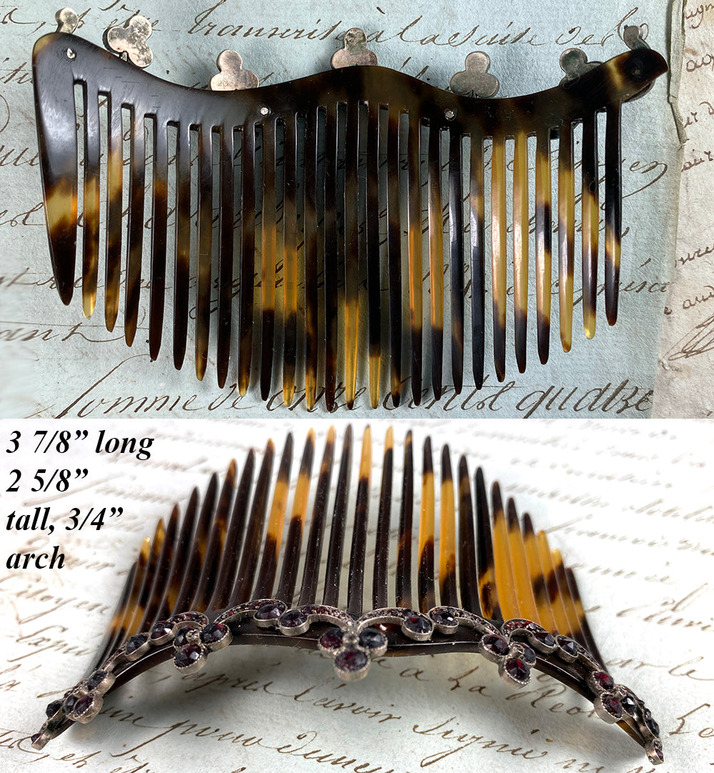 Superb Antique 4" Tortoise Shell, Sterling Silver and Garnet Tiara Ornamental Hair Comb