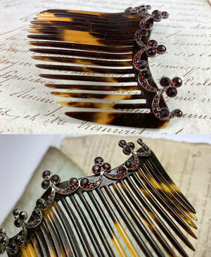 Superb Antique 4" Tortoise Shell, Sterling Silver and Garnet Tiara Ornamental Hair Comb