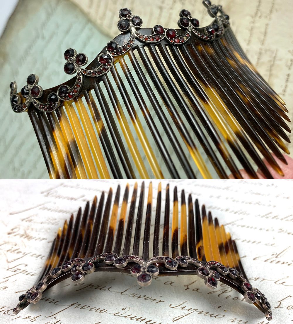 Superb Antique 4" Tortoise Shell, Sterling Silver and Garnet Tiara Ornamental Hair Comb