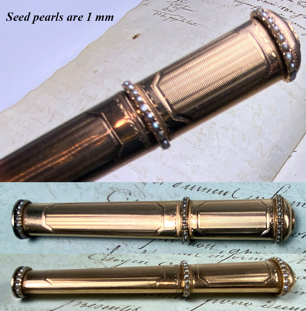 Elegant Antique 14k Gold Sewing Bodkin Etui or Sealing Wax Seal, Sceau, Set with Seed Pearls