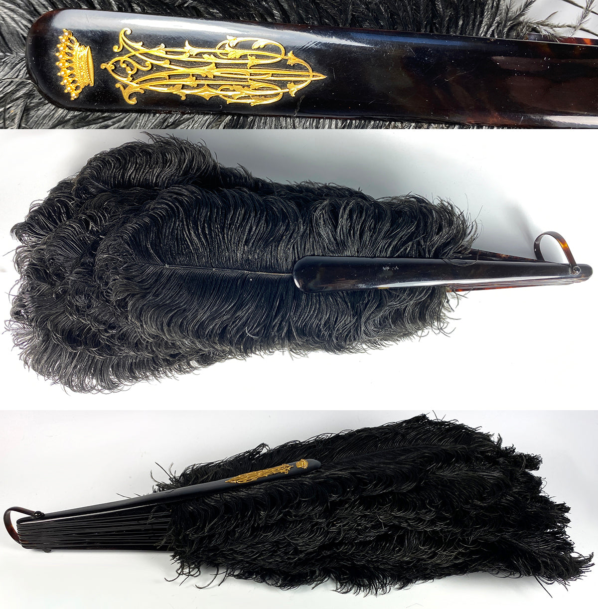 Antiques & Uncommon Treasure Opulent Large French Ostrich Feather and Tortoise Shell Hand Fan, 24cm Guards W Gold Monogram.