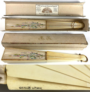 Antique French Hand Painted Silk Fan Geslin, Paris, c.1880 26.5 cm Ivory Monture with Original Box and Label