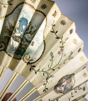 Fine Antique French Hand Painted Silk & 27.5 cm Bone Fan, Embroidery and Sequins