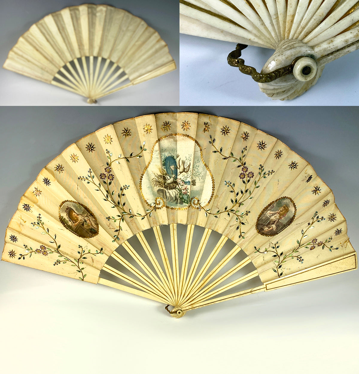 Fine Antique French Hand Painted Silk & 27.5 cm Bone Fan, Embroidery and Sequins