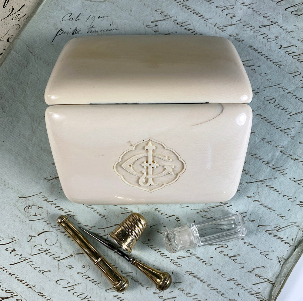 Antique French .800/1000 Sterling Silver Vermeil 18k Sewing Tools, Dieppe Ivory Etui, Case