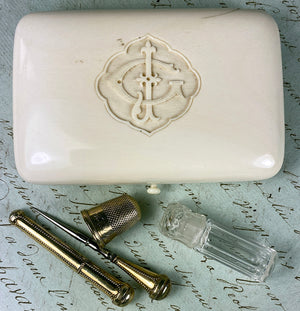 Antique French .800/1000 Sterling Silver Vermeil 18k Sewing Tools, Dieppe Ivory Etui, Case