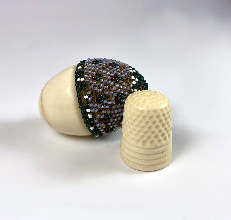 Antique French Beaded Egg Thimble Case and Thimble, Each in Ivory & Glass Beadwork