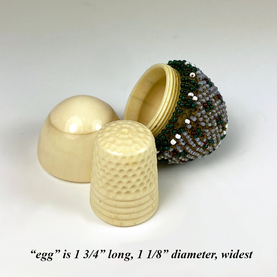 Antique French Beaded Egg Thimble Case and Thimble, Each in Ivory & Glass Beadwork