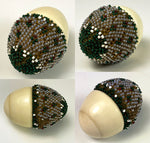 Antique French Beaded Egg Thimble Case and Thimble, Each in Ivory & Glass Beadwork