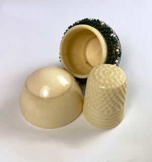 Antique French Beaded Egg Thimble Case and Thimble, Each in Ivory & Glass Beadwork