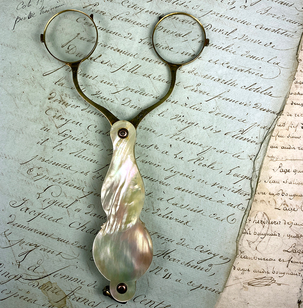 Large Antique French Lorgnette, Mother of Pearl and Silver with 18k Gold Vermeil, Pendant
