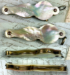 Large Antique French Lorgnette, Mother of Pearl and Silver with 18k Gold Vermeil, Pendant