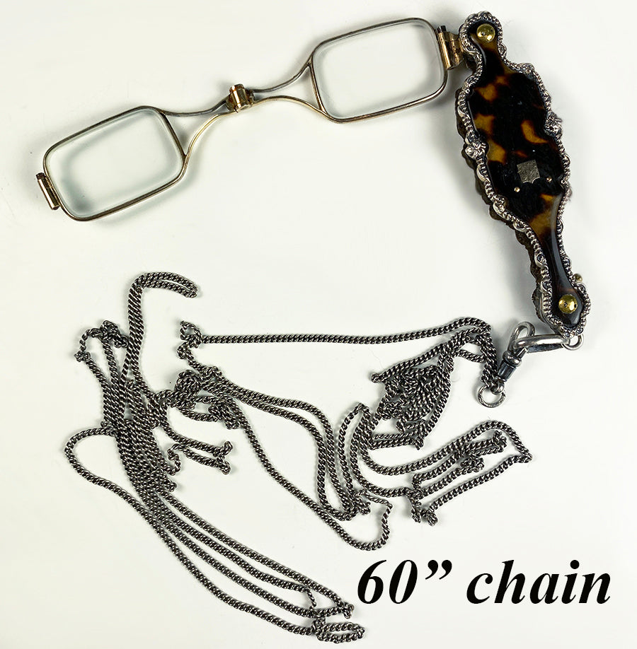 Antique French Lorgnette in Fine Sterling Silver and Tortoise Shell, 60" Silver Chain Included