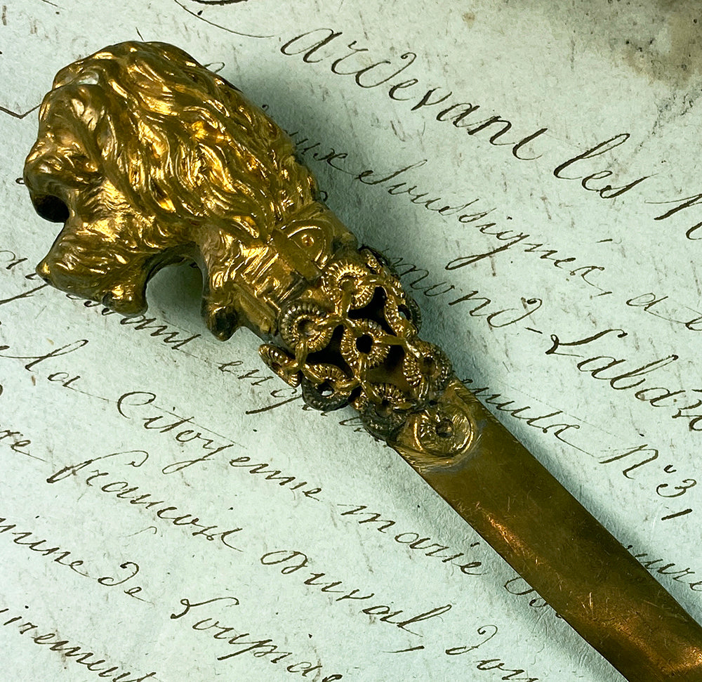 Antique French Souvenir Letter Opener, Dog Handle, Poodle or Spaniel in Heavy Brass