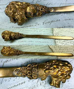 Antique French Souvenir Letter Opener, Dog Handle, Poodle or Spaniel in Heavy Brass