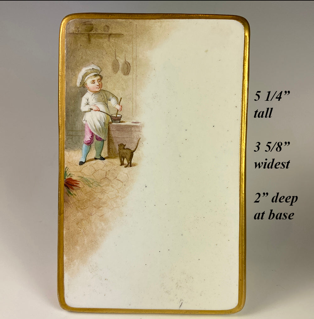 Fine Antique French Hand Painted Old Paris Porcelain Menu, Little Cook or Chef with Cat