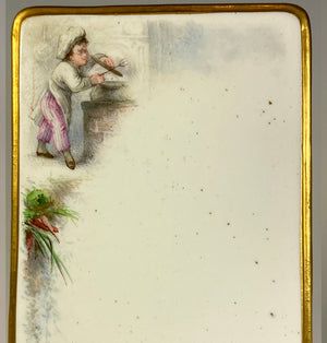 Fine Antique French Hand Painted Old Paris Porcelain Menu, Little Cook or Chef with Pot