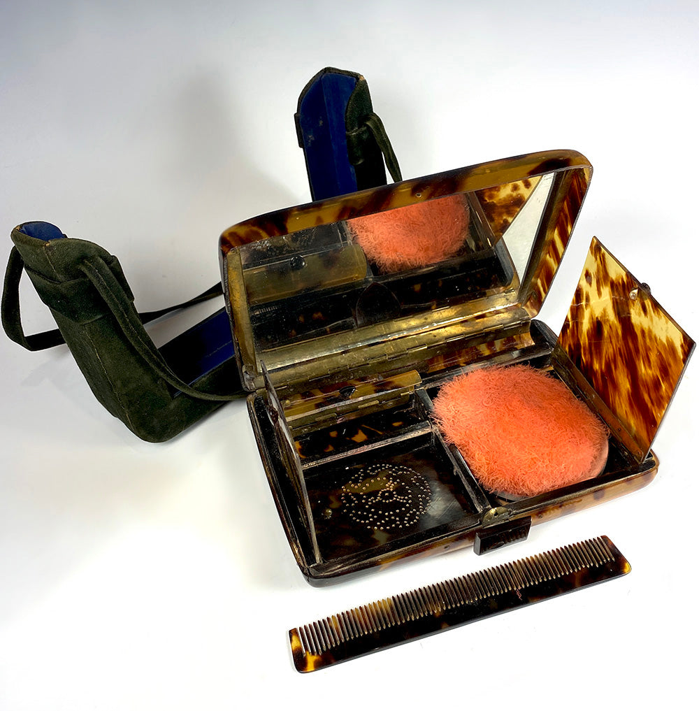 Antique French Tortoise Shell Minaudière Cosmetic Purse with Suede Leather Scabbard, c.1920