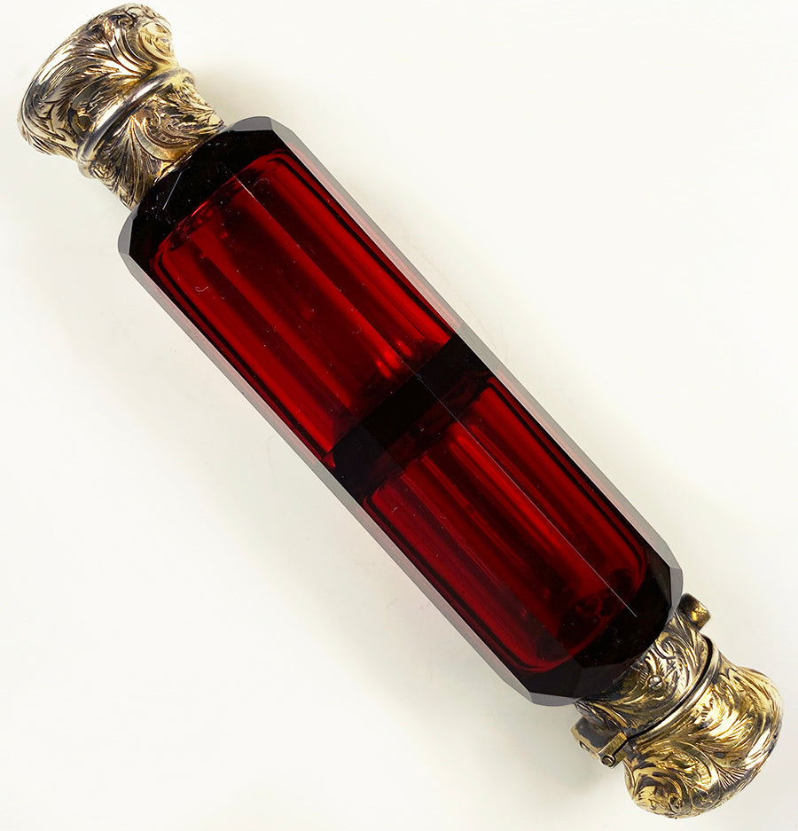 Antique Victorian Era Double Lay Down Perfume Bottle, Flask, Ruby Glass, Vermeil