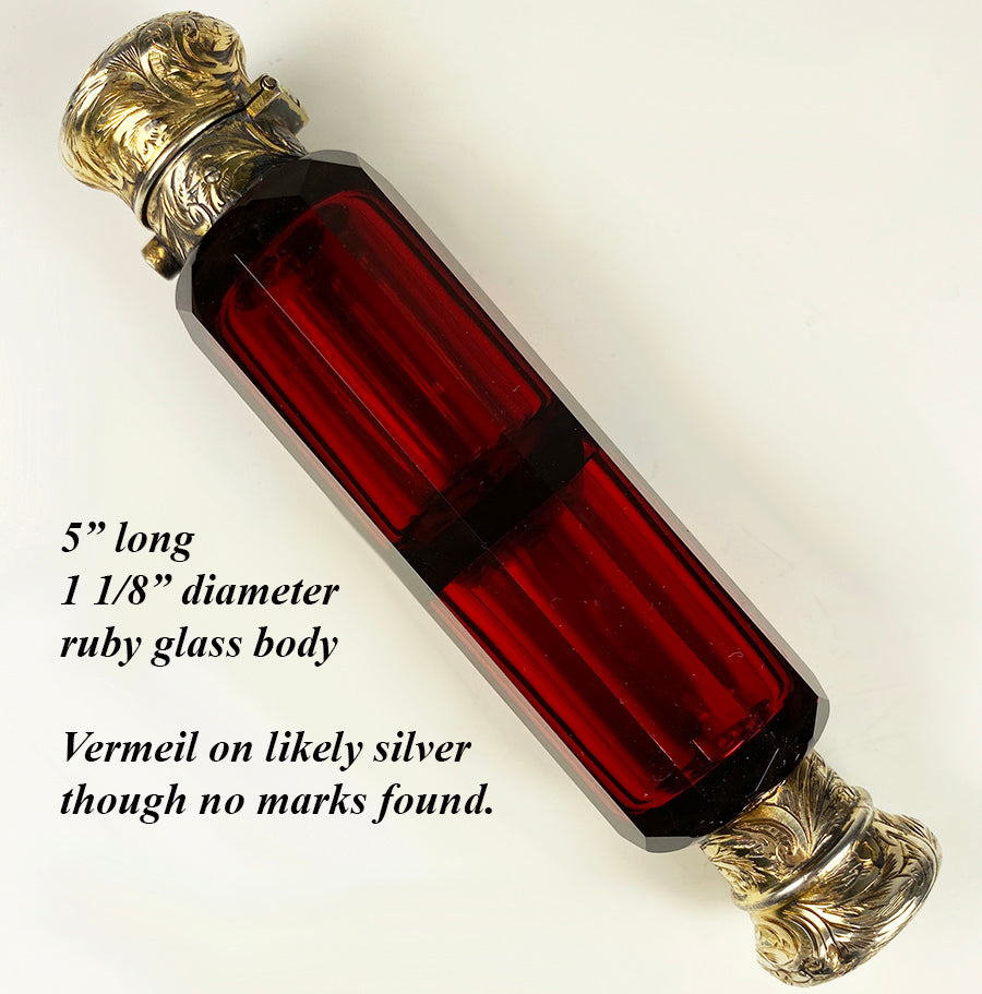 Antique Victorian Era Double Lay Down Perfume Bottle, Flask, Ruby Glass, Vermeil