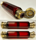 Antique Victorian Era Double Lay Down Perfume Bottle, Flask, Ruby Glass, Vermeil