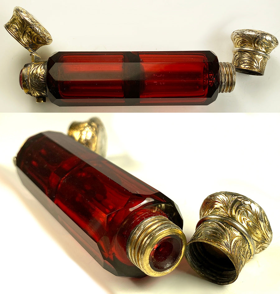 Antique Victorian Era Double Lay Down Perfume Bottle, Flask, Ruby Glass, Vermeil