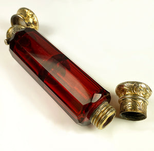 Antique Victorian Era Double Lay Down Perfume Bottle, Flask, Ruby Glass, Vermeil