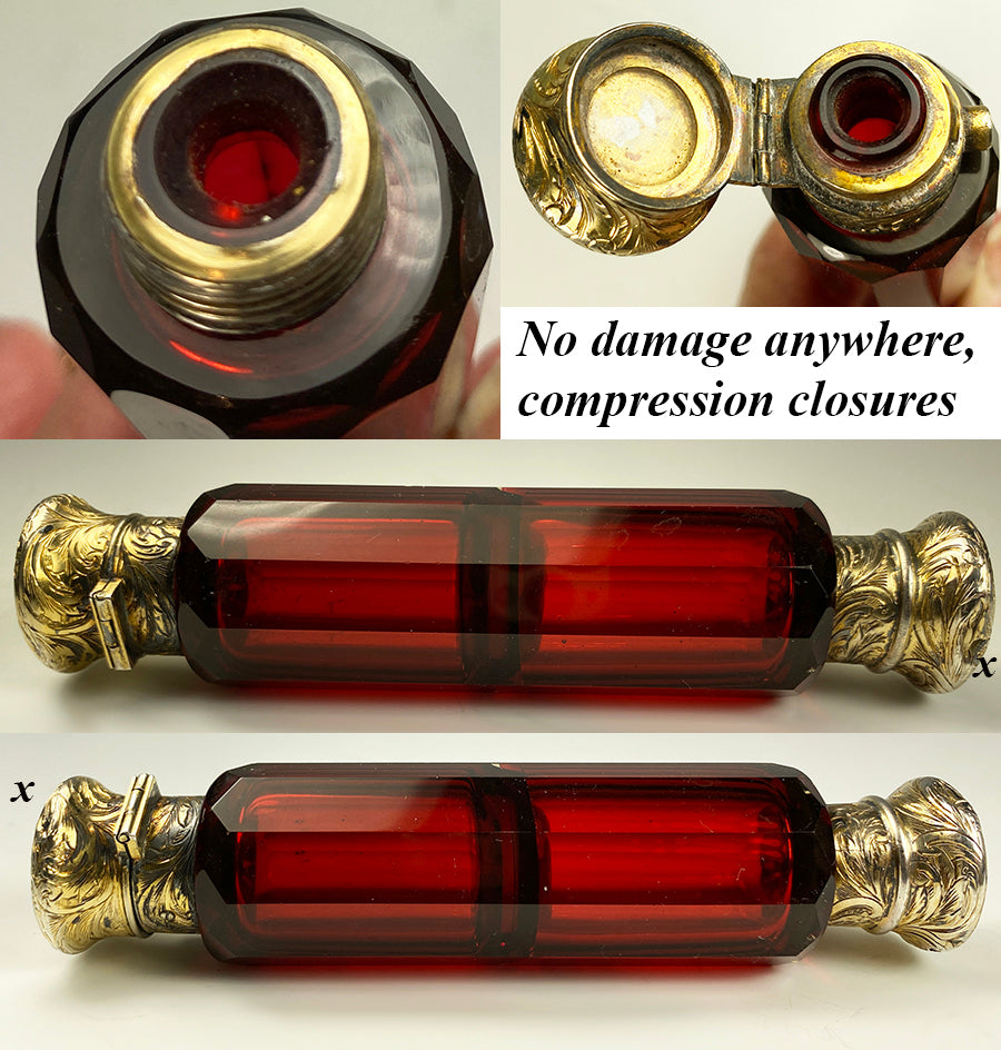 Antique Victorian Era Double Lay Down Perfume Bottle, Flask, Ruby Glass, Vermeil