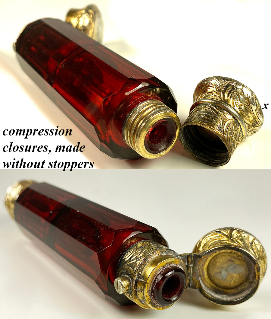 Antique Victorian Era Double Lay Down Perfume Bottle, Flask, Ruby Glass, Vermeil