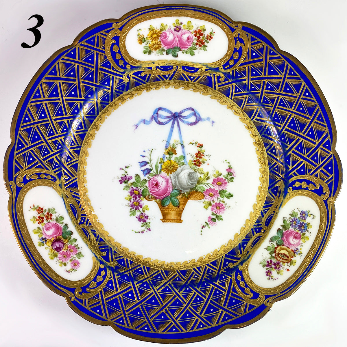 Set: 3 Antique Raised Gold Enamel & Hand Painted Cabinet Plates, Manner of Louis XVI  Sevres, Dresden