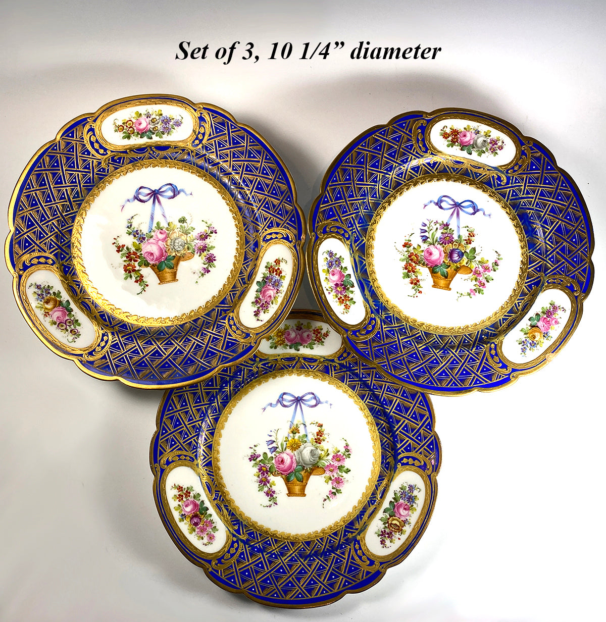 Set: 3 Antique Raised Gold Enamel & Hand Painted Cabinet Plates, Manner of Louis XVI  Sevres, Dresden