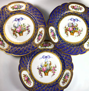 Set: 3 Antique Raised Gold Enamel & Hand Painted Cabinet Plates, Manner of Louis XVI  Sevres, Dresden