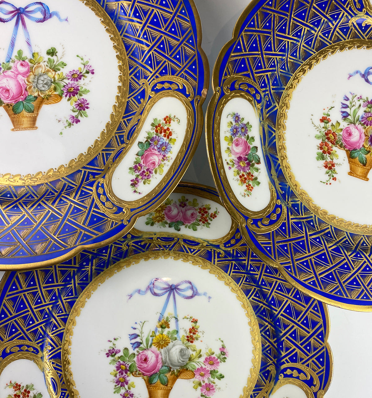 Set: 3 Antique Raised Gold Enamel & Hand Painted Cabinet Plates, Manner of Louis XVI  Sevres, Dresden