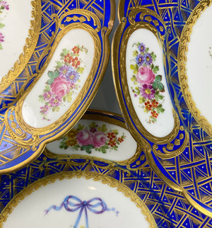 Set: 3 Antique Raised Gold Enamel & Hand Painted Cabinet Plates, Manner of Louis XVI  Sevres, Dresden