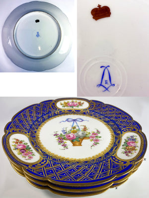 Set: 3 Antique Raised Gold Enamel & Hand Painted Cabinet Plates, Manner of Louis XVI  Sevres, Dresden