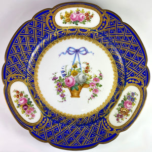 Set: 3 Antique Raised Gold Enamel & Hand Painted Cabinet Plates, Manner of Louis XVI  Sevres, Dresden